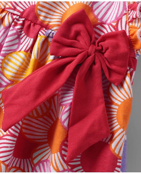 Babyhug Cotton Woven Half Sleeves Inner T-Shirt & Frock with Floral & Bow Applique  - Pink & Red