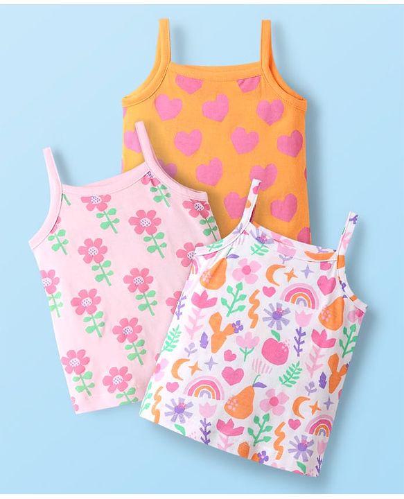 Babyhug 100% Cotton Antibacterial Slips With Floral & Hearts Print Pack Of 3 - Dark Pink Yellow & Light Pink