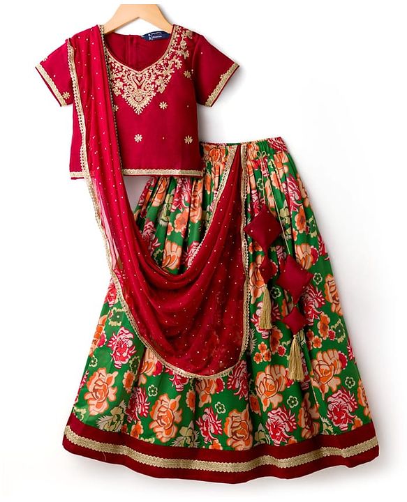 Pine Kids Woven Half Sleeves Choli Lehenga & Dupatta Set With Floral Print & Embriodered - Green