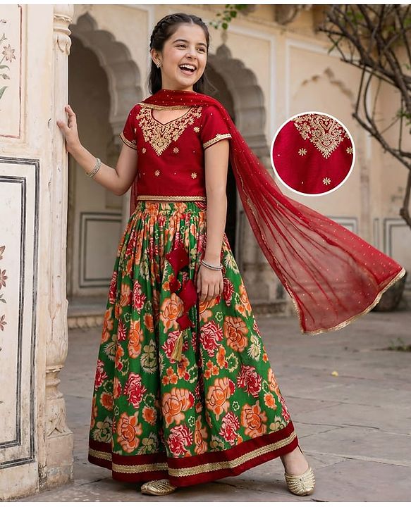 Pine Kids Woven Half Sleeves Choli Lehenga & Dupatta Set With Floral Print & Embriodered - Green