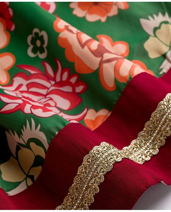Pine Kids Woven Half Sleeves Choli Lehenga & Dupatta Set With Floral Print & Embriodered - Green