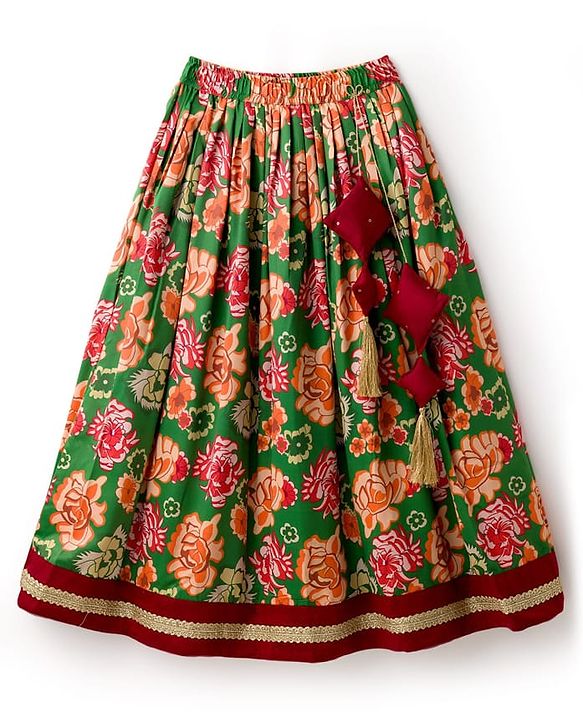 Pine Kids Woven Half Sleeves Choli Lehenga & Dupatta Set With Floral Print & Embriodered - Green