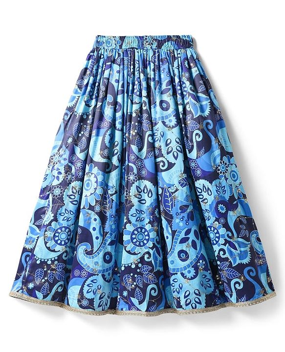 Pine Kids Woven Half Sleeves Choli Lehenga Set with Dupatta Floral Print Embroidery & Sequin Detailing - Blue