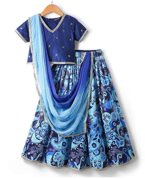 Pine Kids Woven Half Sleeves Choli Lehenga Set with Dupatta Floral Print Embroidery & Sequin Detailing - Blue