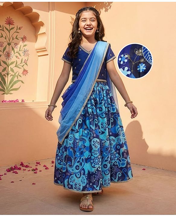 Pine Kids Woven Half Sleeves Choli Lehenga Set with Dupatta Floral Print Embroidery & Sequin Detailing - Blue