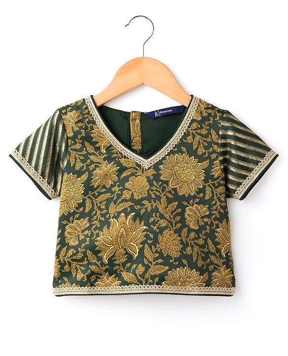 Pine Kids Woven Half Sleeves Choli Lehenga & Dupatta Set With Floral Print - Green