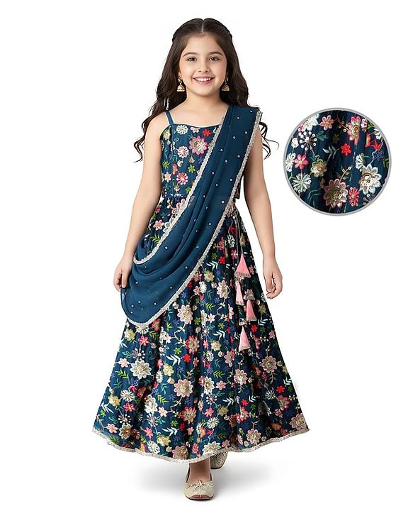 Pine Kids Woven Sleeveless   Choli Lehenga Set with Dupatta & Floral Embroidery  -Navy Blue