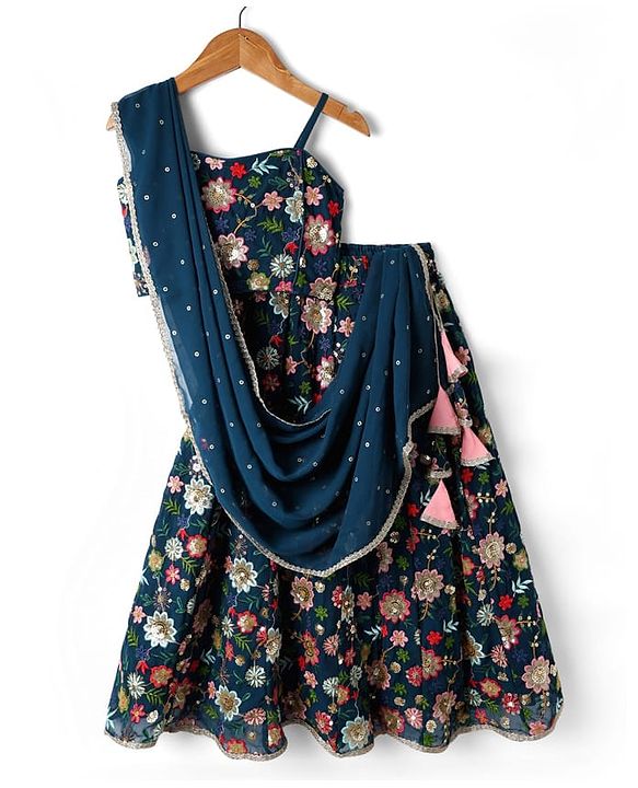Pine Kids Woven Sleeveless   Choli Lehenga Set with Dupatta & Floral Embroidery  -Navy Blue