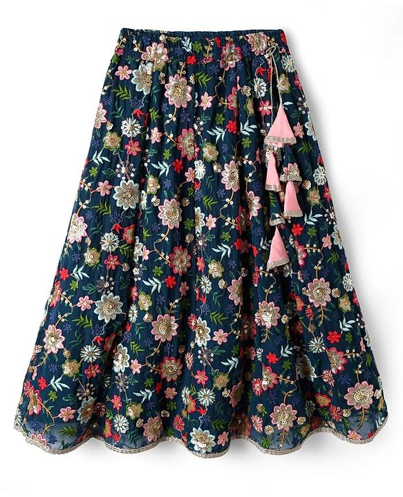 Pine Kids Woven Sleeveless   Choli Lehenga Set with Dupatta & Floral Embroidery  -Navy Blue