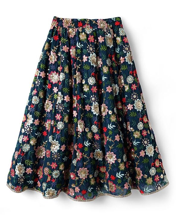 Pine Kids Woven Sleeveless   Choli Lehenga Set with Dupatta & Floral Embroidery  -Navy Blue