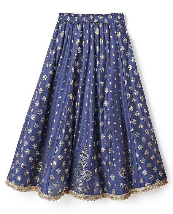 Pine Kids Woven Half Sleeves Floral Printed Choli Lehenga Set with Dupatta - Navy Blue