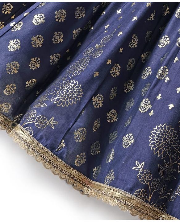 Pine Kids Woven Half Sleeves Floral Printed Choli Lehenga Set with Dupatta - Navy Blue
