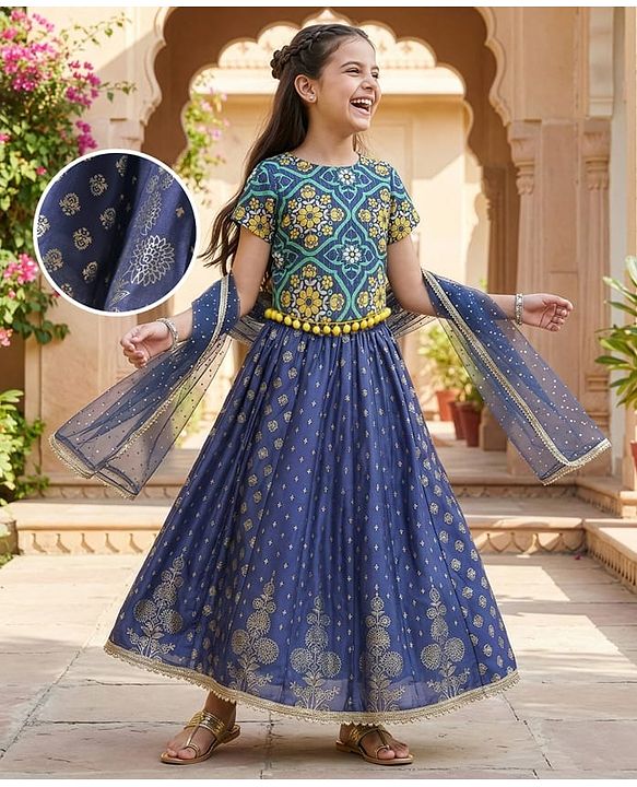 Pine Kids Woven Half Sleeves Floral Printed Choli Lehenga Set with Dupatta - Navy Blue