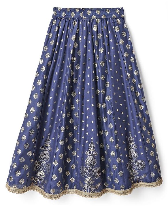 Pine Kids Woven Half Sleeves Floral Printed Choli Lehenga Set with Dupatta - Navy Blue