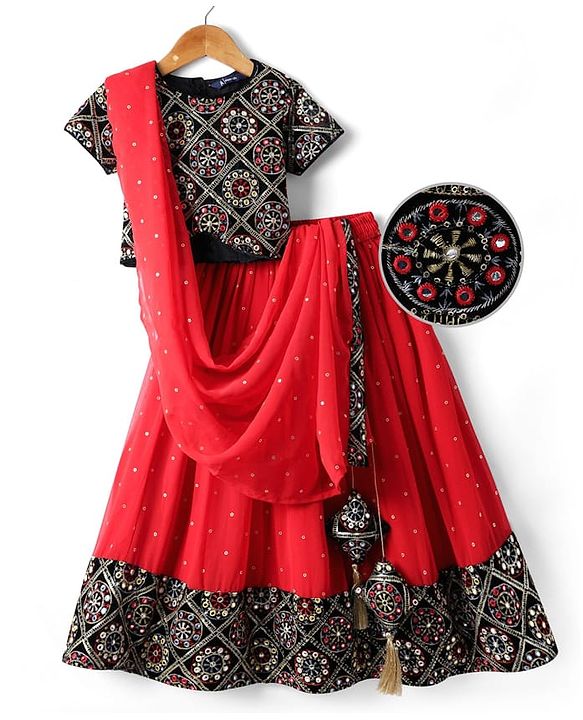 Pine Kids Woven Half Sleeves  Choli Lehenga Set with Dupatta Floral Embroidery & Sequin Detailing -Red & Black