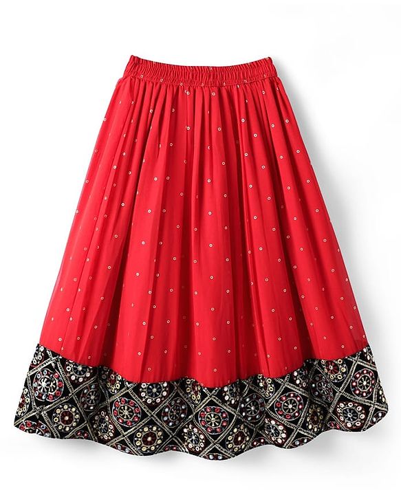 Pine Kids Woven Half Sleeves  Choli Lehenga Set with Dupatta Floral Embroidery & Sequin Detailing -Red & Black