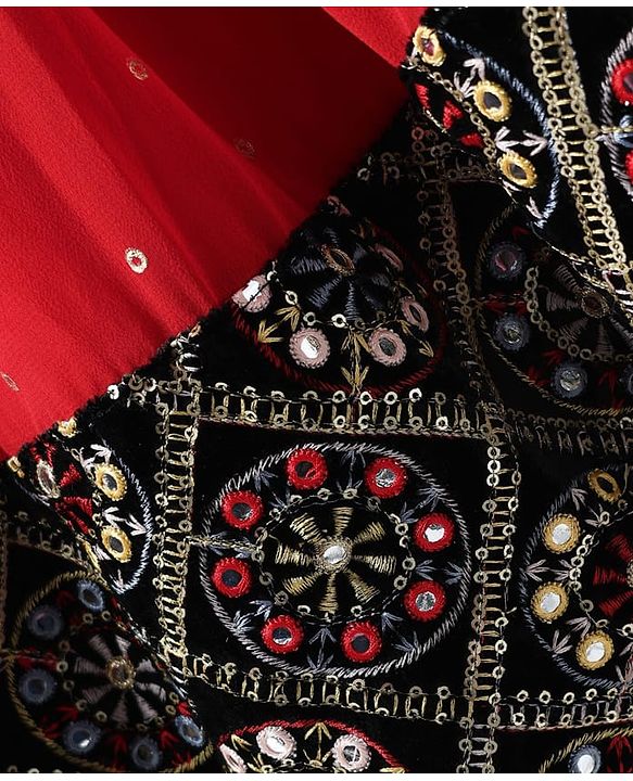 Pine Kids Woven Half Sleeves  Choli Lehenga Set with Dupatta Floral Embroidery & Sequin Detailing -Red & Black