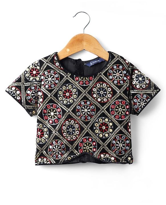Pine Kids Woven Half Sleeves  Choli Lehenga Set with Dupatta Floral Embroidery & Sequin Detailing -Red & Black