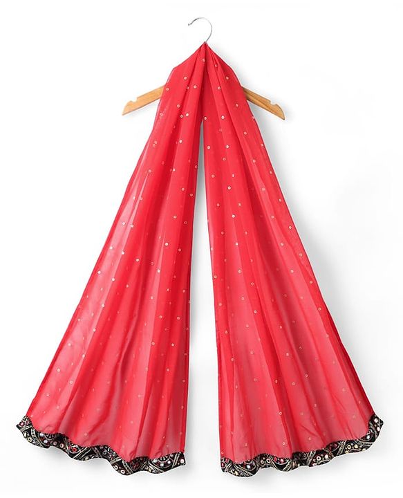 Pine Kids Woven Half Sleeves  Choli Lehenga Set with Dupatta Floral Embroidery & Sequin Detailing -Red & Black