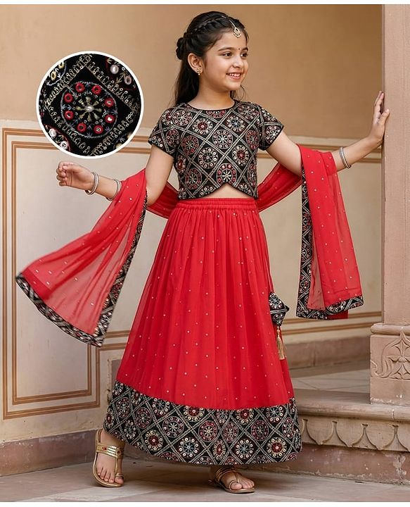 Pine Kids Woven Half Sleeves  Choli Lehenga Set with Dupatta Floral Embroidery & Sequin Detailing -Red & Black