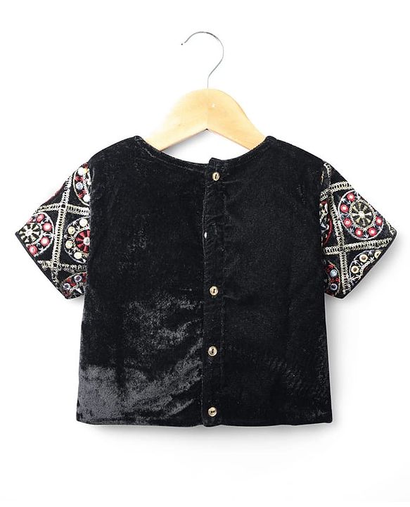 Pine Kids Woven Half Sleeves  Choli Lehenga Set with Dupatta Floral Embroidery & Sequin Detailing -Red & Black