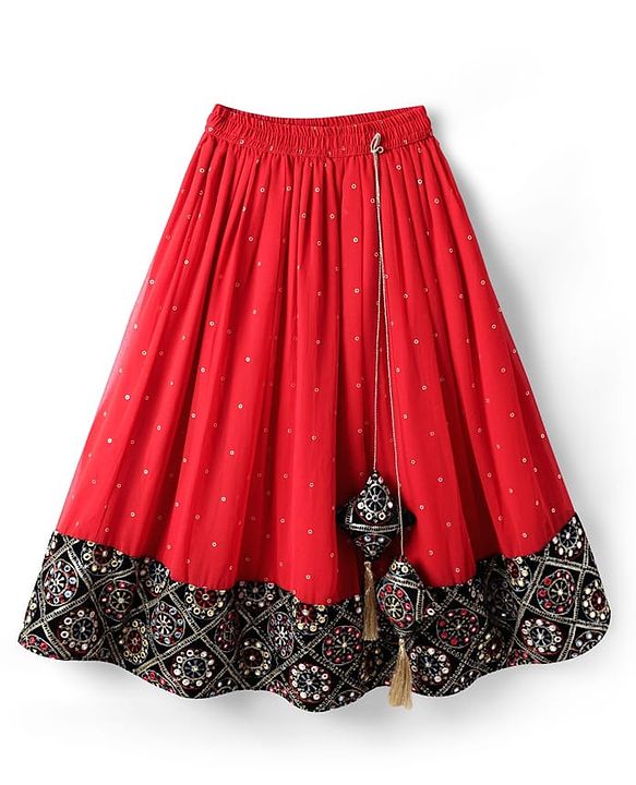 Pine Kids Woven Half Sleeves  Choli Lehenga Set with Dupatta Floral Embroidery & Sequin Detailing -Red & Black