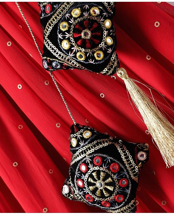 Pine Kids Woven Half Sleeves  Choli Lehenga Set with Dupatta Floral Embroidery & Sequin Detailing -Red & Black