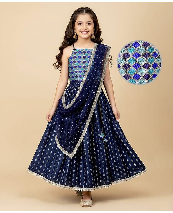 Pine Kids Woven Sleeveless Choli Lehenga Set with Dupatta Print Embroidery & Sequin Detailing - Navy Blue