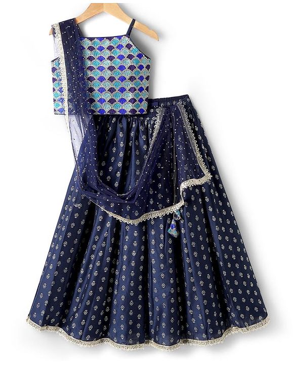 Pine Kids Woven Sleeveless Choli Lehenga Set with Dupatta Print Embroidery & Sequin Detailing - Navy Blue