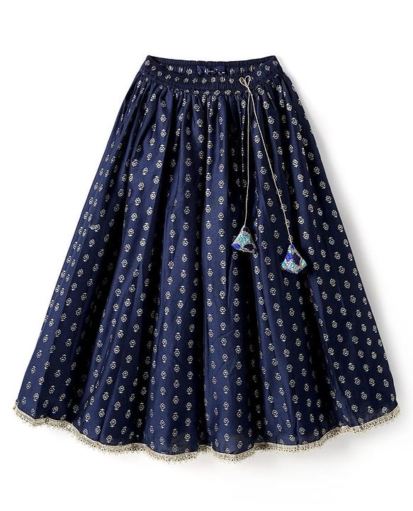 Pine Kids Woven Sleeveless Choli Lehenga Set with Dupatta Print Embroidery & Sequin Detailing - Navy Blue