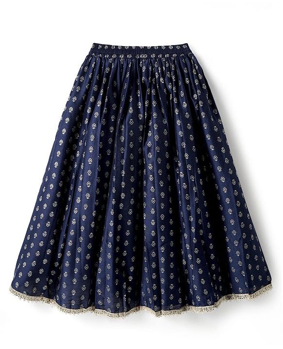 Pine Kids Woven Sleeveless Choli Lehenga Set with Dupatta Print Embroidery & Sequin Detailing - Navy Blue