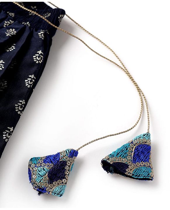 Pine Kids Woven Sleeveless Choli Lehenga Set with Dupatta Print Embroidery & Sequin Detailing - Navy Blue