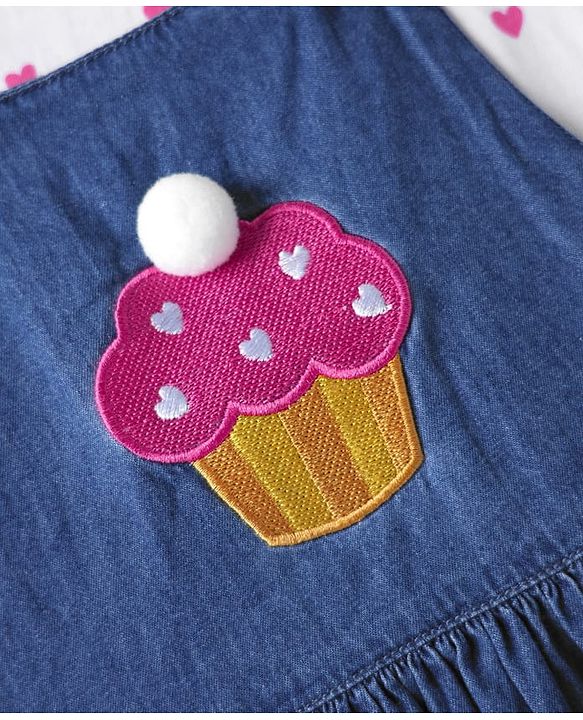 Babyhug  Cotton Knit Half Sleeves Inner T-Shirt & Frock with Cupcake Embroidery & Heart Print - Blue & White