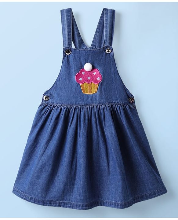 Babyhug  Cotton Knit Half Sleeves Inner T-Shirt & Frock with Cupcake Embroidery & Heart Print - Blue & White