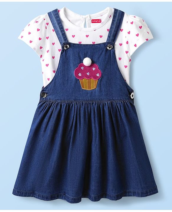 Babyhug  Cotton Knit Half Sleeves Inner T-Shirt & Frock with Cupcake Embroidery & Heart Print - Blue & White