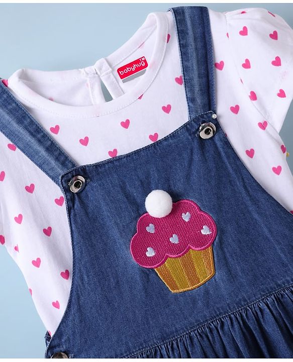 Babyhug  Cotton Knit Half Sleeves Inner T-Shirt & Frock with Cupcake Embroidery & Heart Print - Blue & White