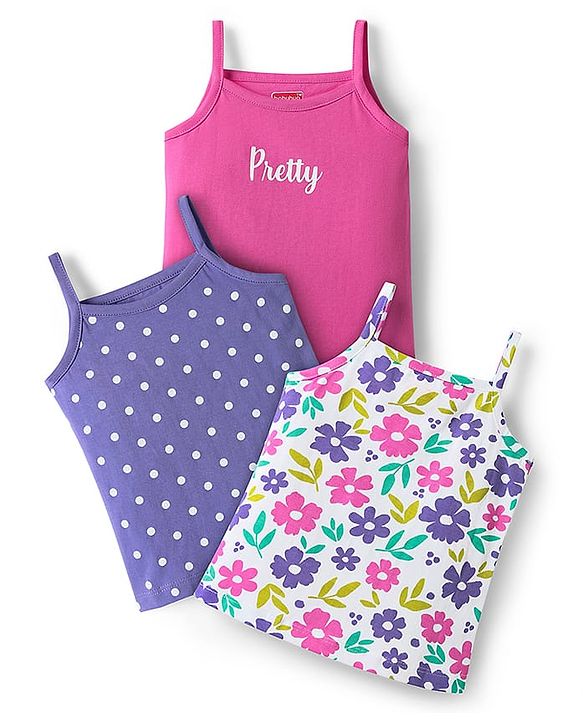 Babyhug 100% Cotton Knit Sleeveless Antibacterial Slips with Floral & Polka Dots Print Pack of 3 - Pink White & Lilac