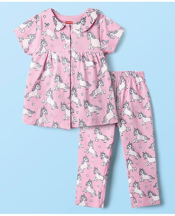 Babyhug Cotton Knit Half Sleeves Co-ords Front Open Night Suit with Unicorn Print - Pink