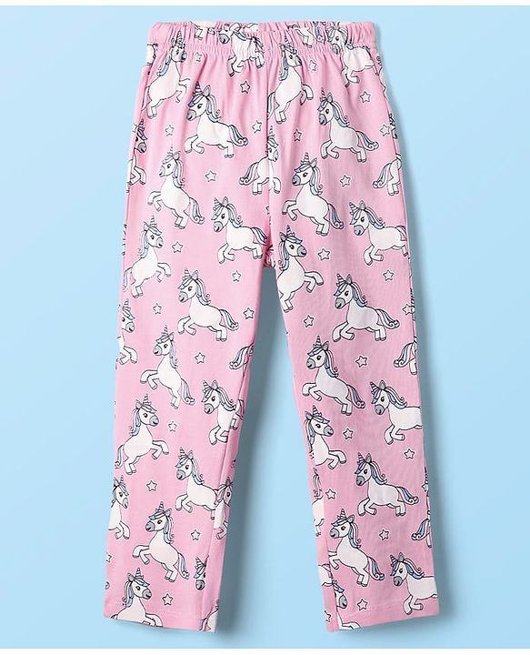 Babyhug Cotton Knit Half Sleeves Co-ords Front Open Night Suit with Unicorn Print - Pink