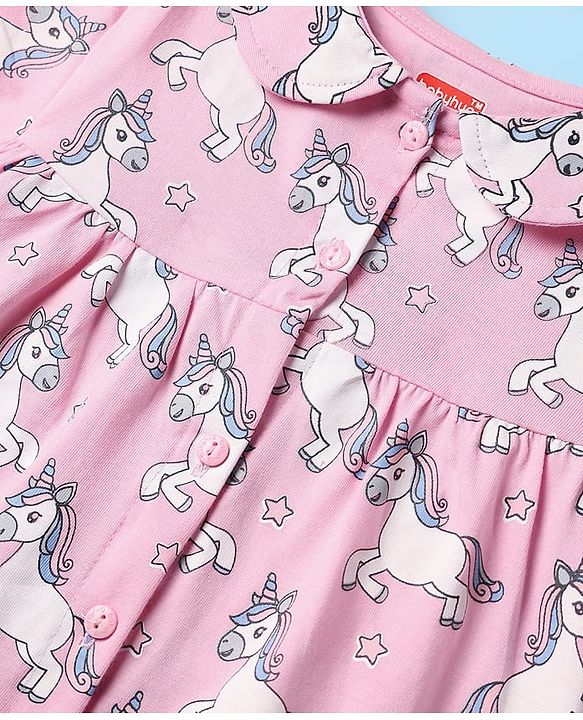 Babyhug Cotton Knit Half Sleeves Co-ords Front Open Night Suit with Unicorn Print - Pink