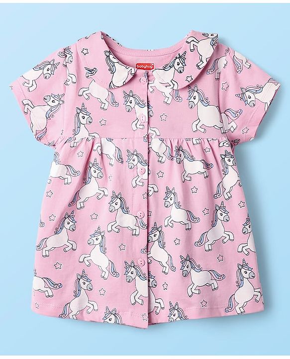Babyhug Cotton Knit Half Sleeves Co-ords Front Open Night Suit with Unicorn Print - Pink
