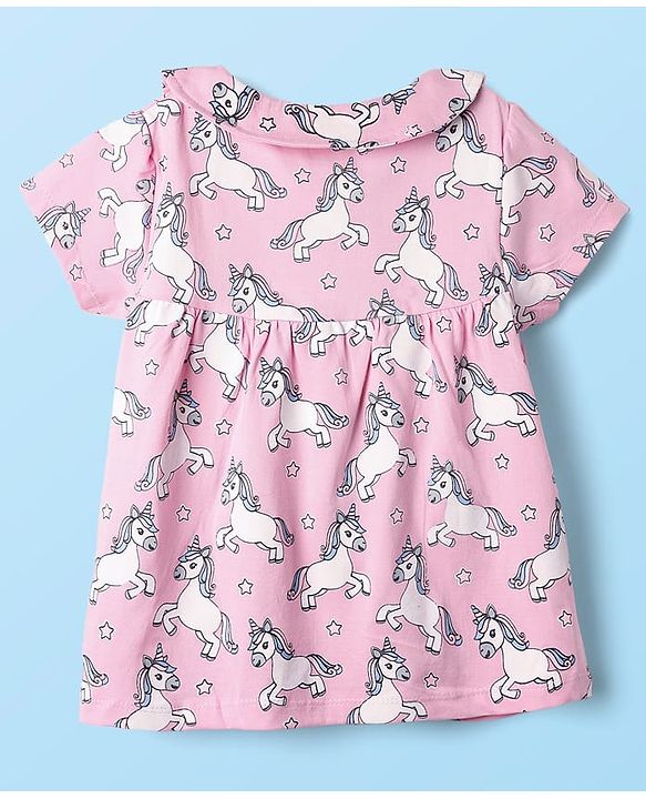 Babyhug Cotton Knit Half Sleeves Co-ords Front Open Night Suit with Unicorn Print - Pink