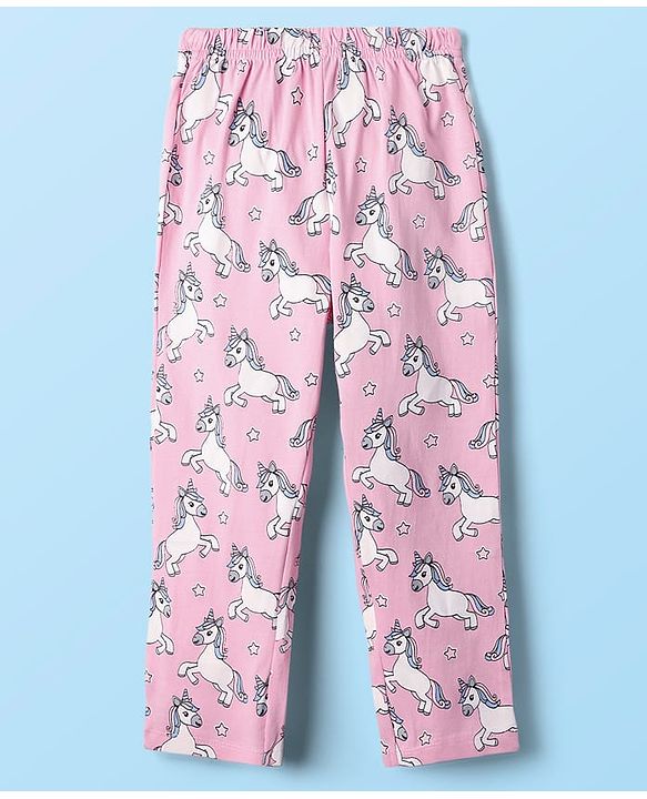 Babyhug Cotton Knit Half Sleeves Co-ords Front Open Night Suit with Unicorn Print - Pink