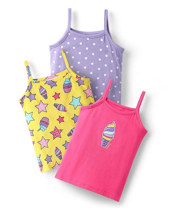 Babyhug 100% Cotton Antibacterial Slips With Polka Dots Stars & Ice cream Print Pack Of 3 - Lilac Yellow & Pink