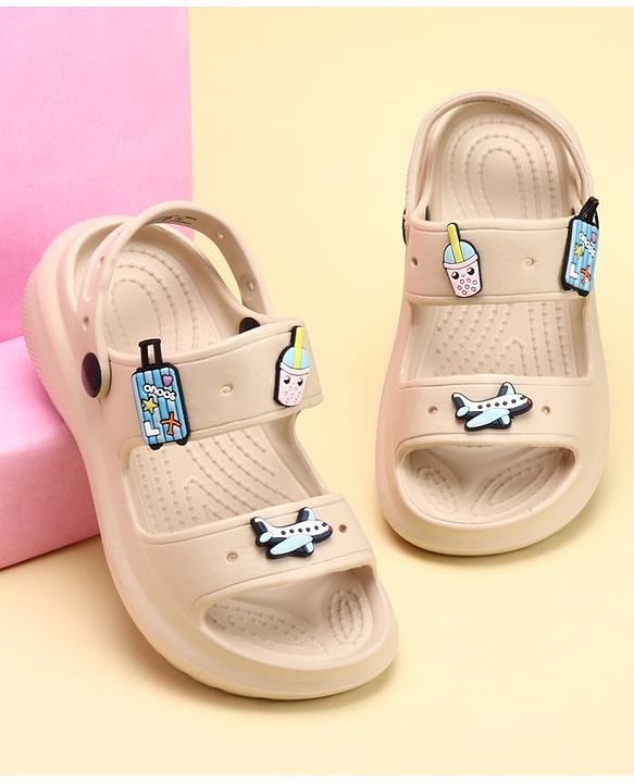 Pine Kids Back Strap Clogs with Airplane Applique - Beige