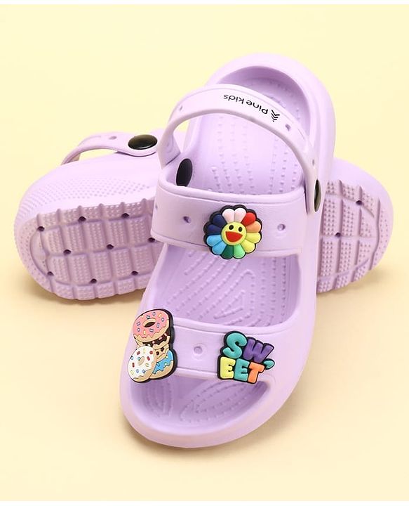 Pine Kids Back Strap Clogs with Donuts Applique - Purple