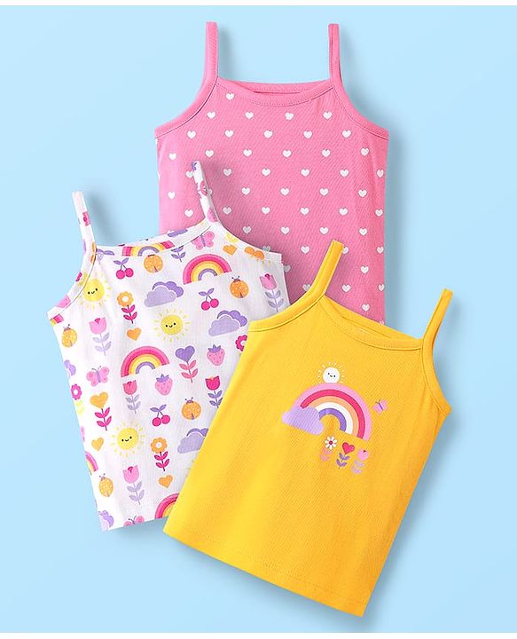 Babyhug 100% Cotton Antibacterial Slips With Hearts & Rainbow Print Pack Of 3 - Pink Yellow & White