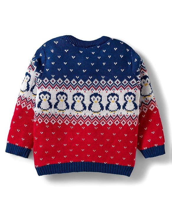 Babyhug Organic Cotton Knitted Full Sleeves Sweater Set With Penguin Design & Cap - Navy Blue & Red