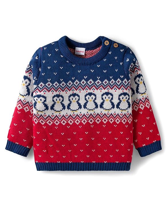Babyhug Organic Cotton Knitted Full Sleeves Sweater Set With Penguin Design & Cap - Navy Blue & Red