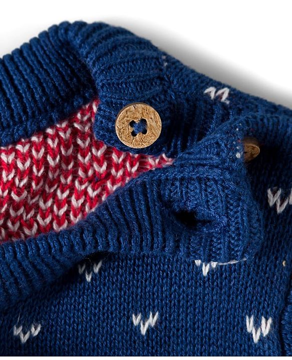 Babyhug Organic Cotton Knitted Full Sleeves Sweater Set With Penguin Design & Cap - Navy Blue & Red